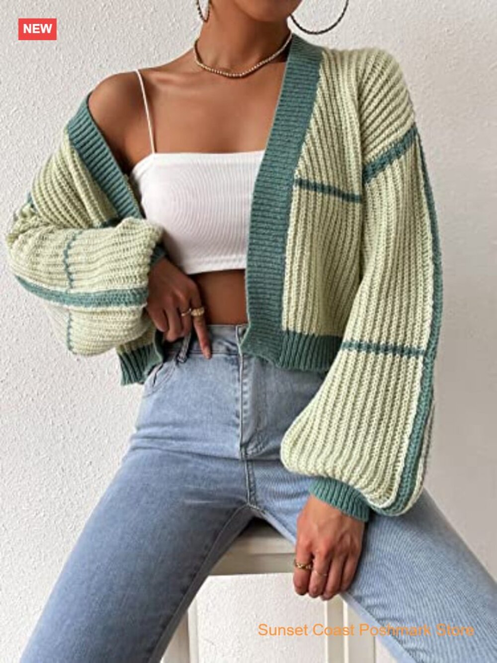 Color Block Crop Cardigan Top Bishop Long Sleeve Open Front Sweater - Picture 3 of 7